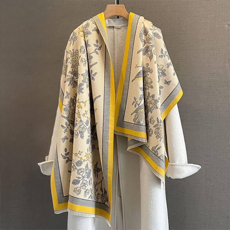 Tactile Knit Botanical Motif Meditation Wrap Tibetan Shawl
