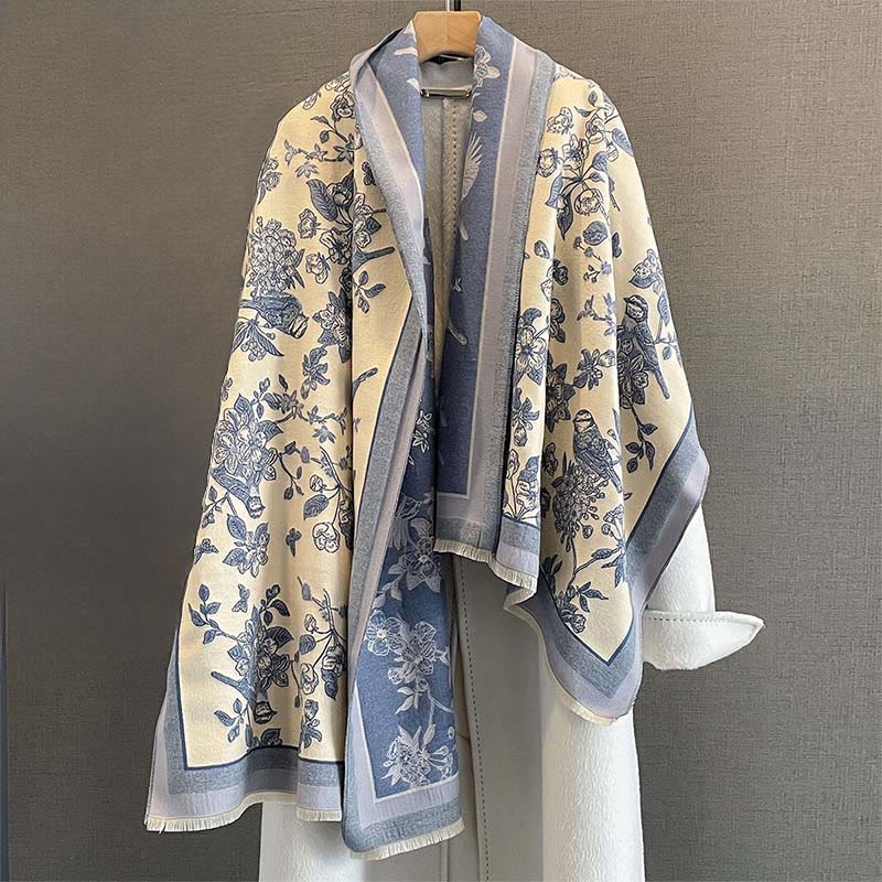 Tactile Knit Botanical Motif Meditation Wrap Tibetan Shawl
