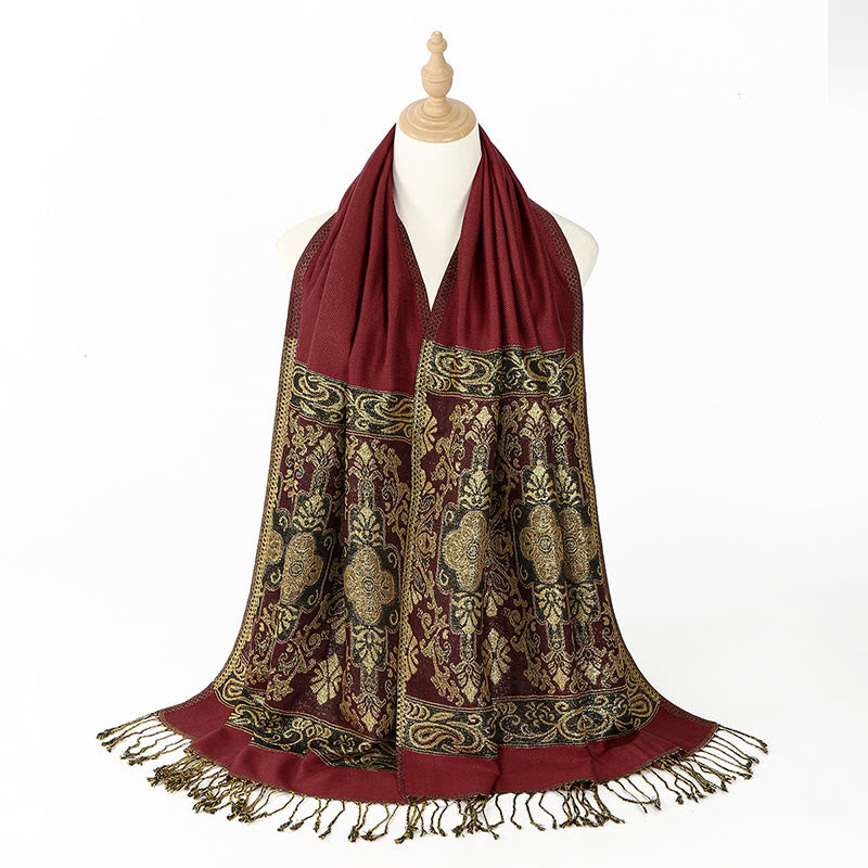 Soft Geometric Pattern Tibetan Meditation Shawl with Tassel Detail