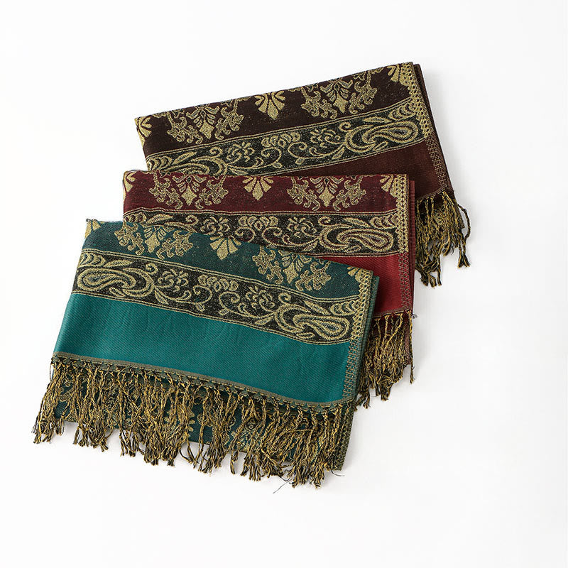 Soft Geometric Pattern Tibetan Meditation Shawl with Tassel Detail
