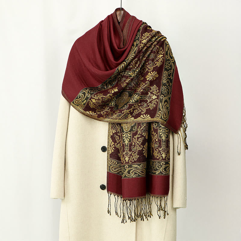 Soft Geometric Pattern Tibetan Meditation Shawl with Tassel Detail