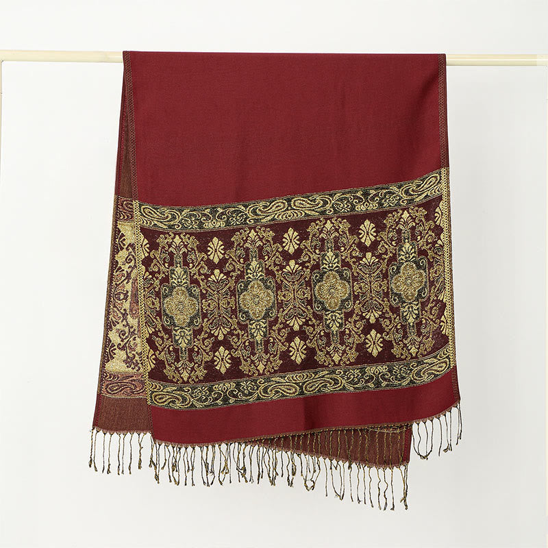 Soft Geometric Pattern Tibetan Meditation Shawl with Tassel Detail