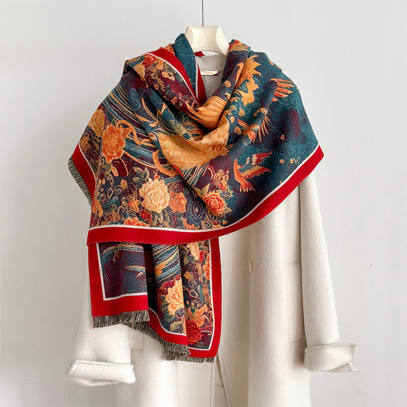 Winter Phoenix Flowers Birds Pattern Tassels Thermal Soft Scarf Shawl