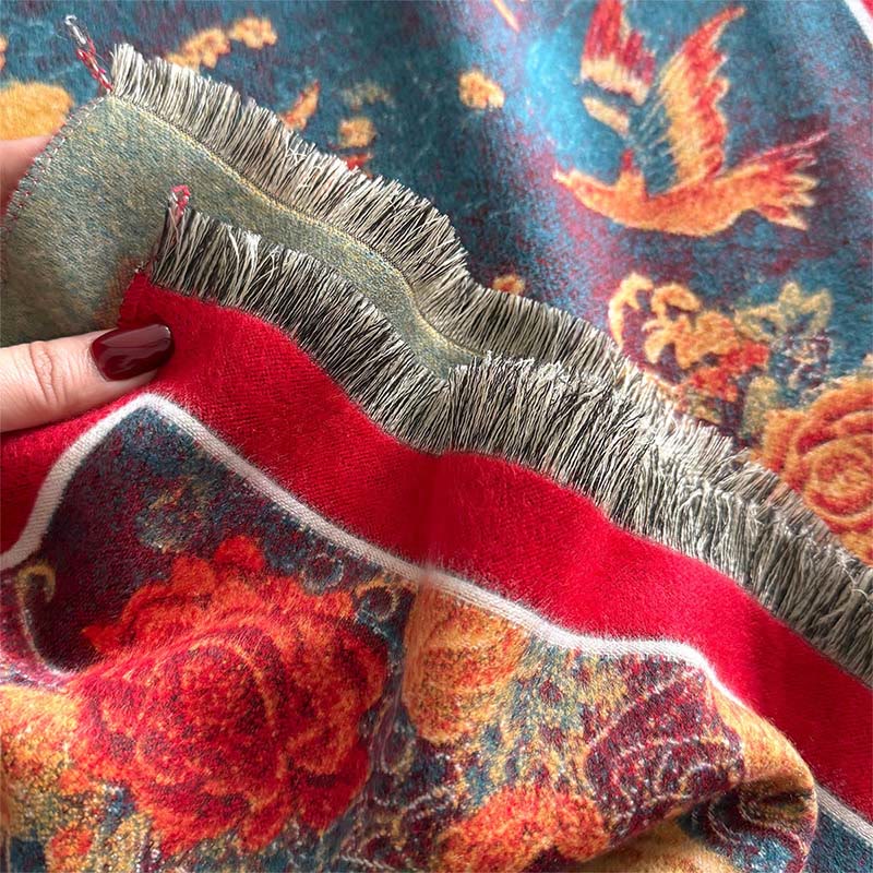 Winter Phoenix Flowers Birds Pattern Tassels Thermal Soft Scarf Shawl