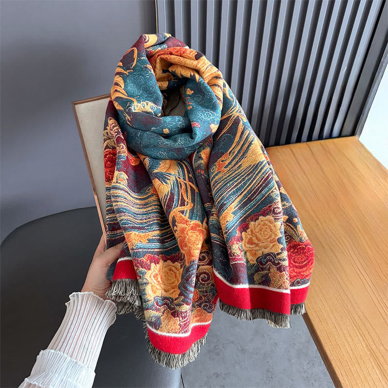 Winter Phoenix Flowers Birds Pattern Tassels Thermal Soft Scarf Shawl