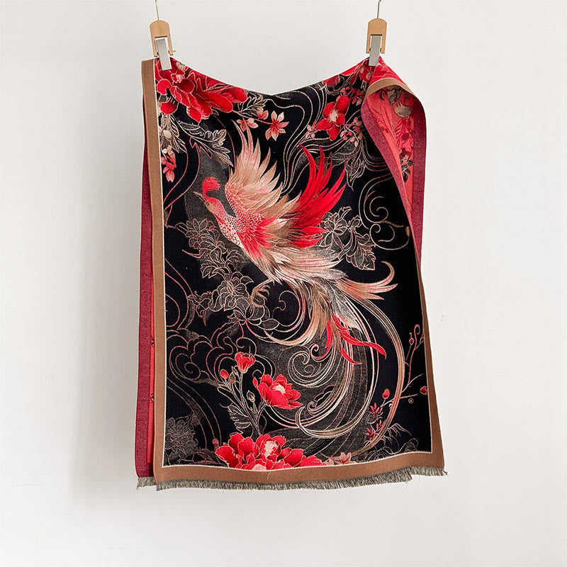 Winter Thermal Phoenix Flowers Pattern Tassels Soft Scarf Shawl