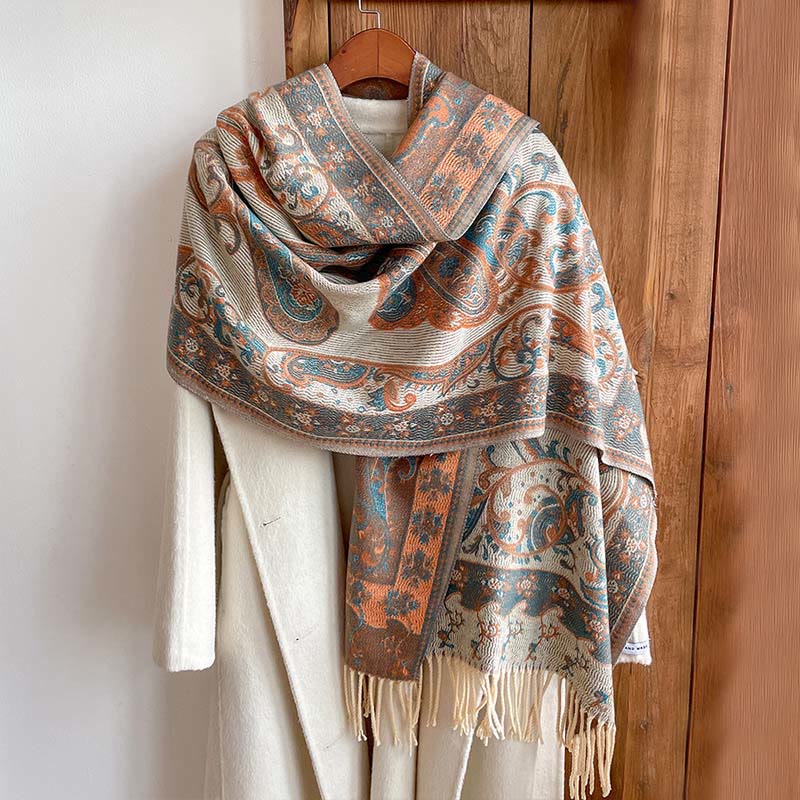 Winter Commute Thermal Paisley Floral Pattern Tassel Cozy Scarf Shawl