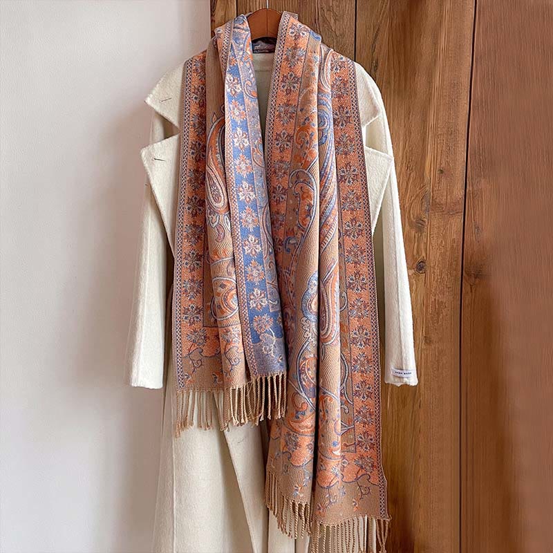 Winter Commute Thermal Paisley Floral Pattern Tassel Cozy Scarf Shawl