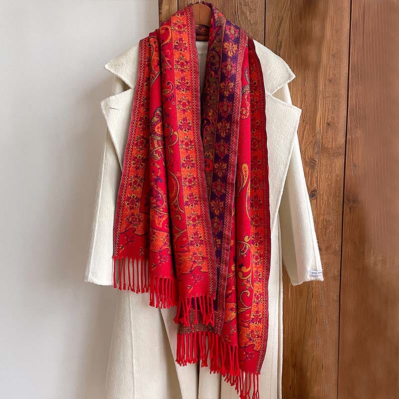 Winter Commute Thermal Paisley Floral Pattern Tassel Cozy Scarf Shawl