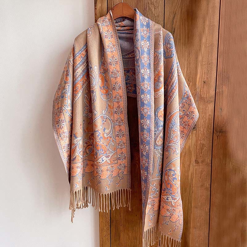 Winter Commute Thermal Paisley Floral Pattern Tassel Cozy Scarf Shawl