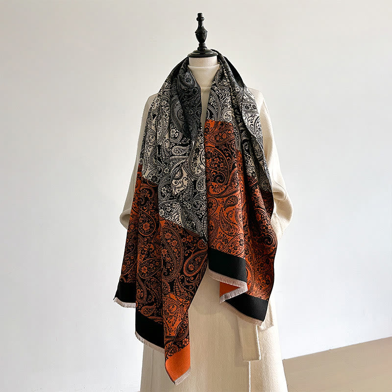 Winter Thermal Color Matching Paisley Vines Pattern Tassel Cozy Scarf Shawl