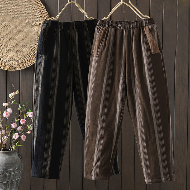Commute Thermal Striped Cotton Corduroy Women's Harem Padded Pants With Pockets