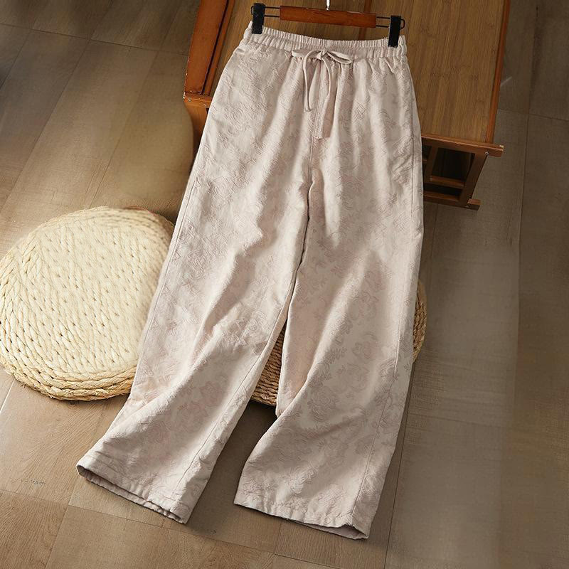 Winter Thermal Jacquard Floral Pattern Women's Wide Leg Cotton Pants With Pockets