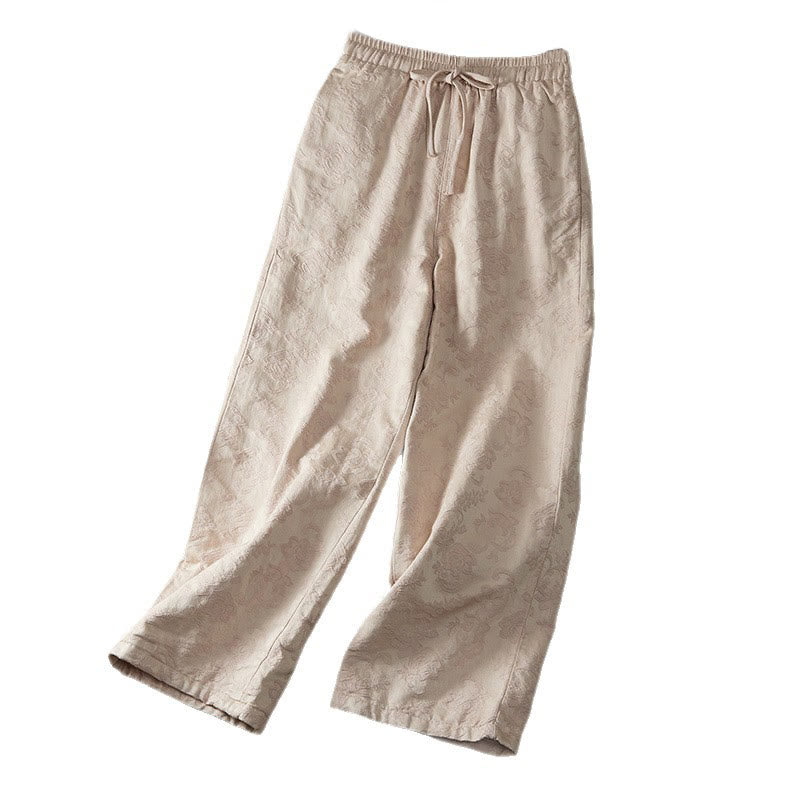 Winter Thermal Jacquard Floral Pattern Women's Wide Leg Cotton Pants With Pockets