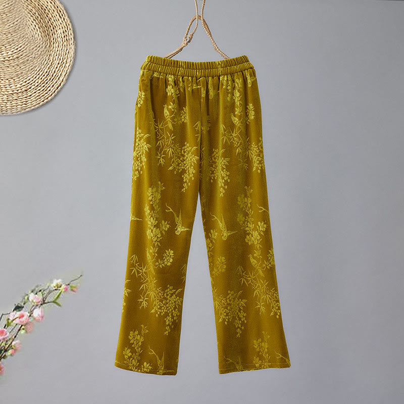 Women's Jacquard High Waist Design Wide Leg Cotton Fleece-Lined Pants With Pockets