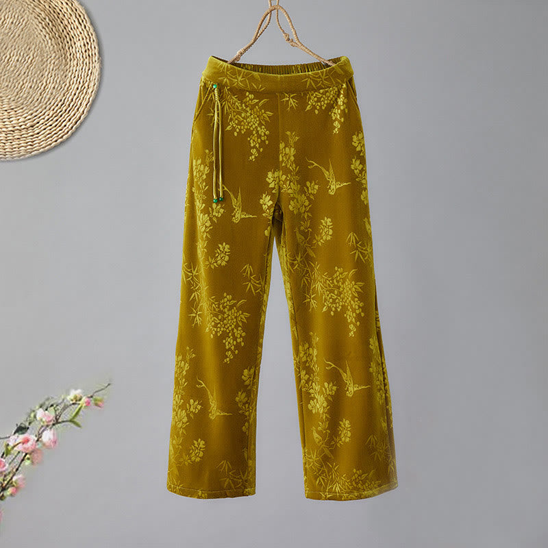 Women's Jacquard High Waist Design Wide Leg Cotton Fleece-Lined Pants With Pockets