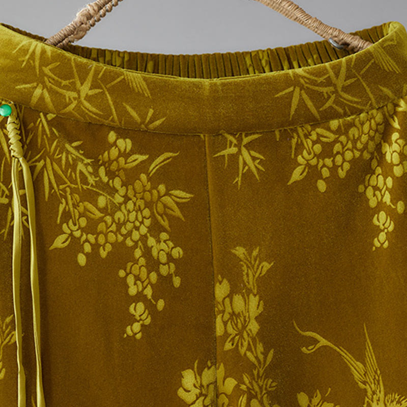 Women's Jacquard High Waist Design Wide Leg Cotton Fleece-Lined Pants With Pockets