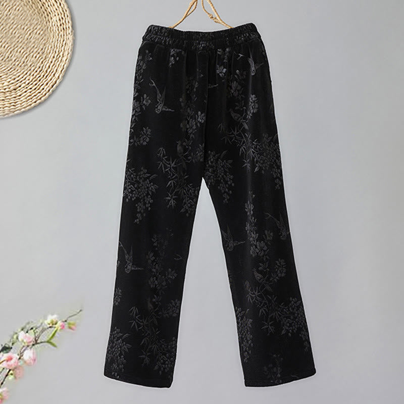 Women's Jacquard High Waist Design Wide Leg Cotton Fleece-Lined Pants With Pockets