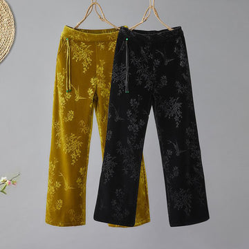 Women's Jacquard High Waist Design Wide Leg Cotton Fleece-Lined Pants With Pockets