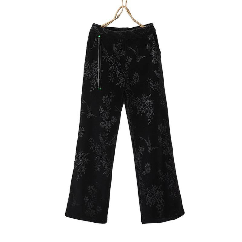 Women's Jacquard High Waist Design Wide Leg Cotton Fleece-Lined Pants With Pockets
