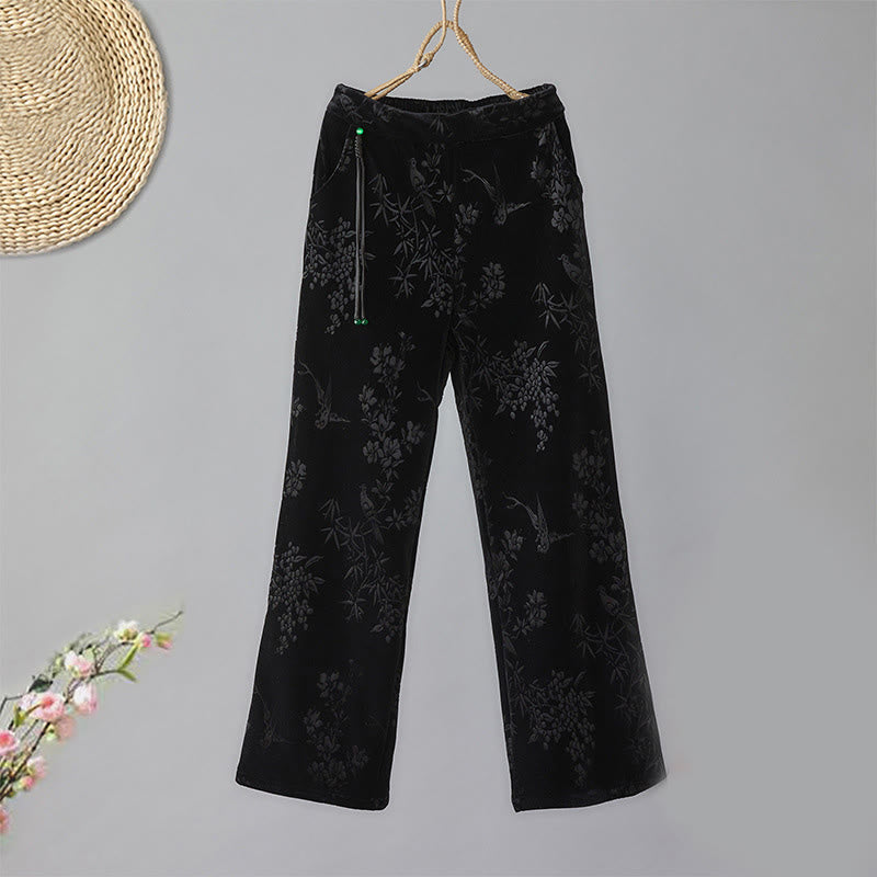 Women's Jacquard High Waist Design Wide Leg Cotton Fleece-Lined Pants With Pockets