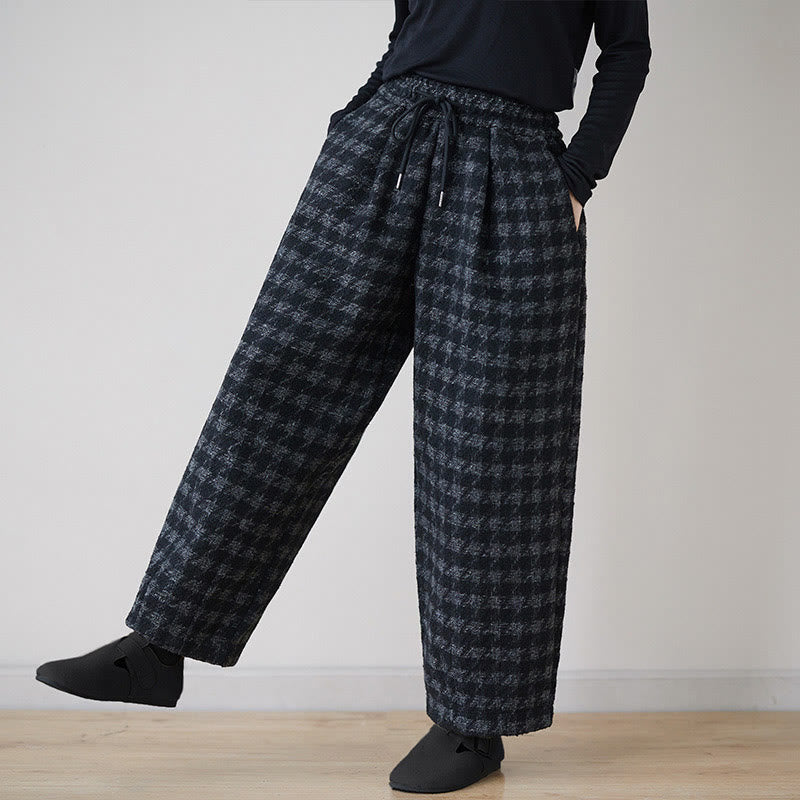 Women's Winter Black Gray Plaid Pattern Cotton Fleece-Lined Pants With Pockets