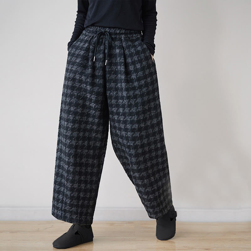 Women's Winter Black Gray Plaid Pattern Cotton Fleece-Lined Pants With Pockets