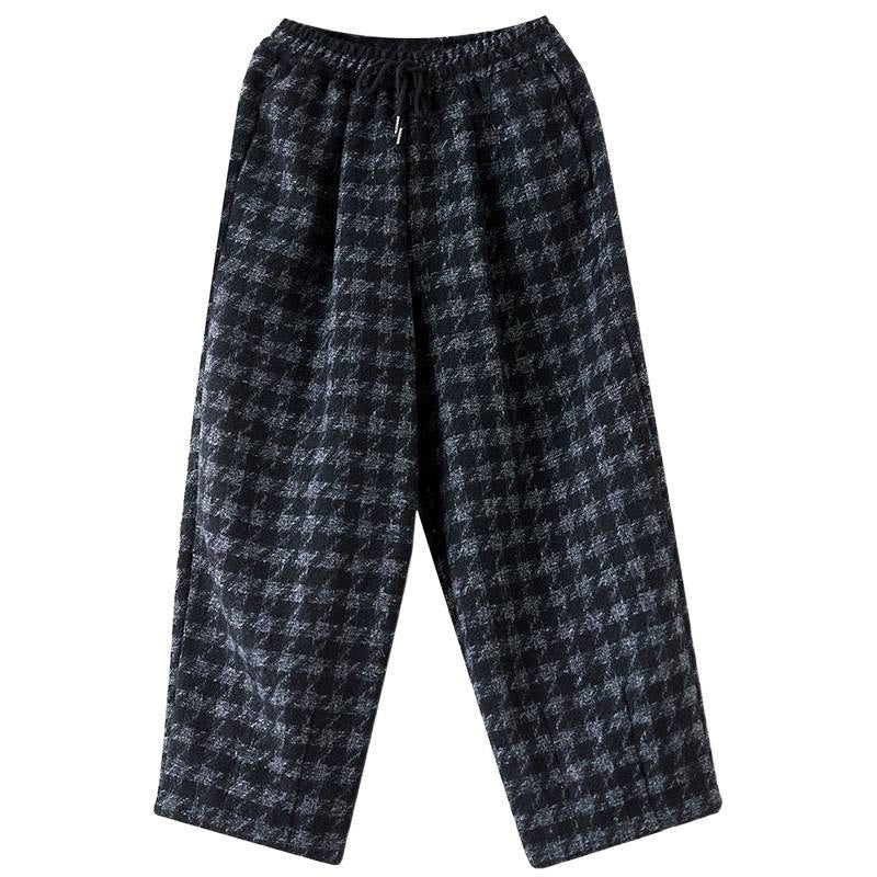 Women's Winter Black Gray Plaid Pattern Cotton Fleece-Lined Pants With Pockets