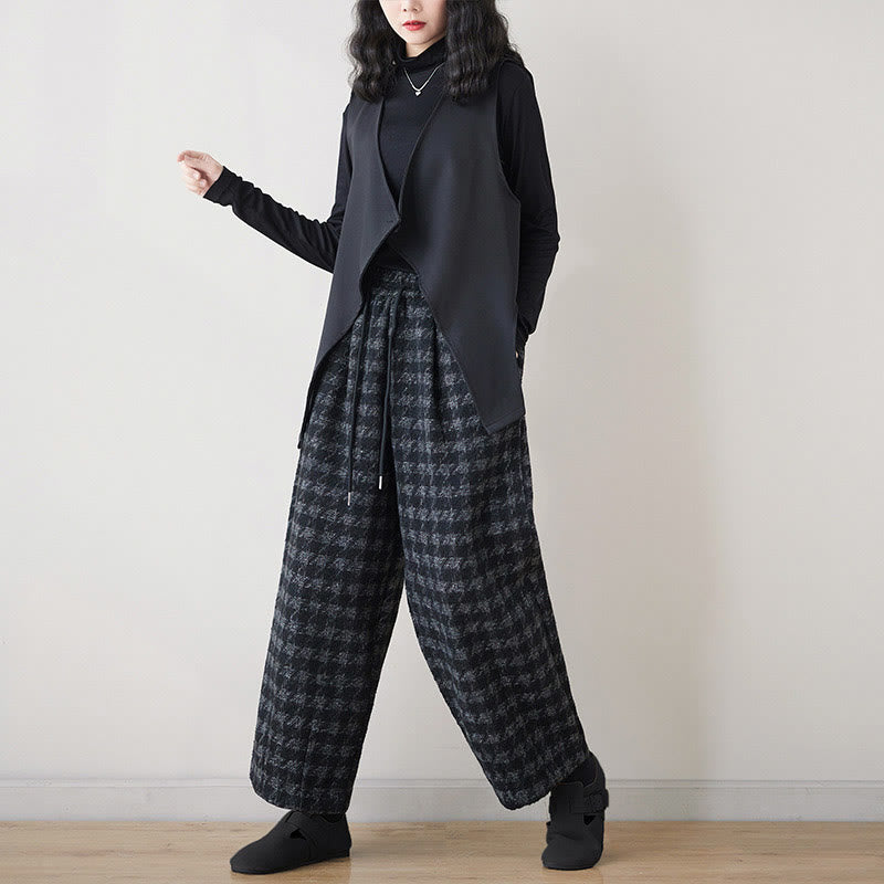 Women's Winter Black Gray Plaid Pattern Cotton Fleece-Lined Pants With Pockets
