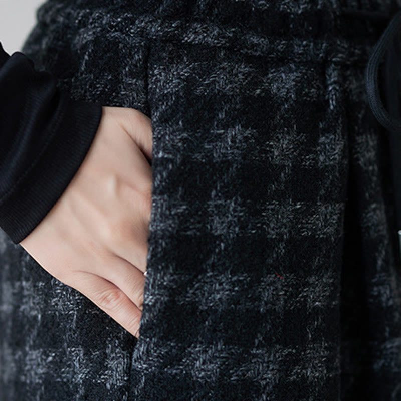 Women's Winter Black Gray Plaid Pattern Cotton Fleece-Lined Pants With Pockets