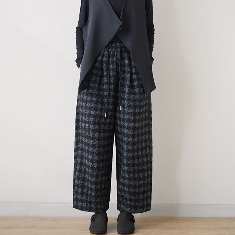 Women's Winter Black Gray Plaid Pattern Cotton Fleece-Lined Pants With Pockets
