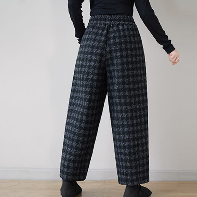 Women's Winter Black Gray Plaid Pattern Cotton Fleece-Lined Pants With Pockets