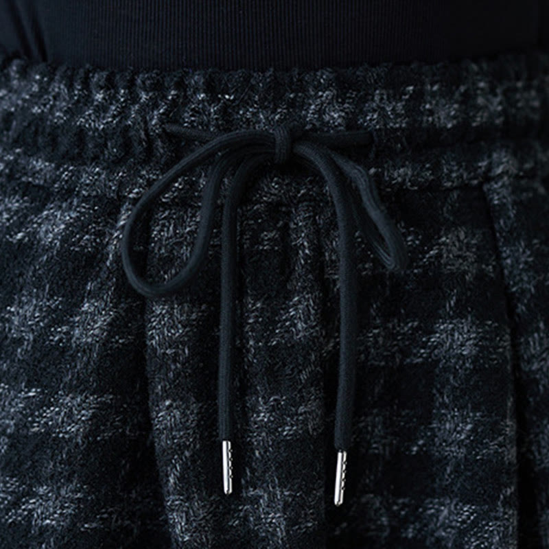 Women's Winter Black Gray Plaid Pattern Cotton Fleece-Lined Pants With Pockets