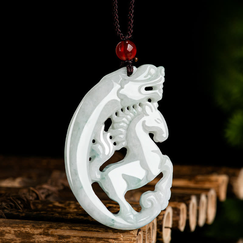 Hand-Carved Natural Jade Dragon and Horse Zodiac Rope Pendant Necklace
