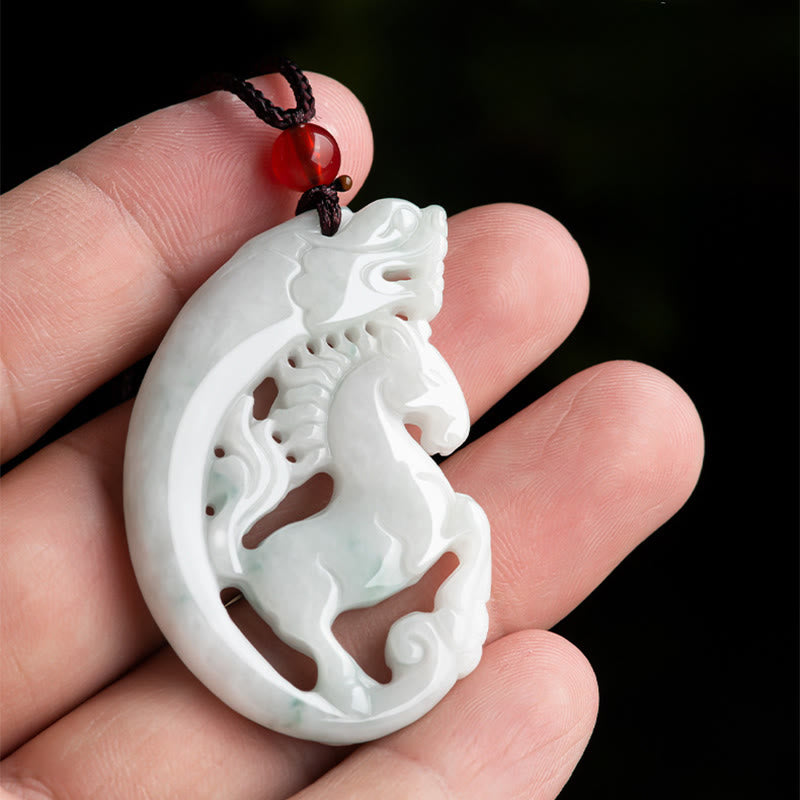 Hand-Carved Natural Jade Dragon and Horse Zodiac Rope Pendant Necklace