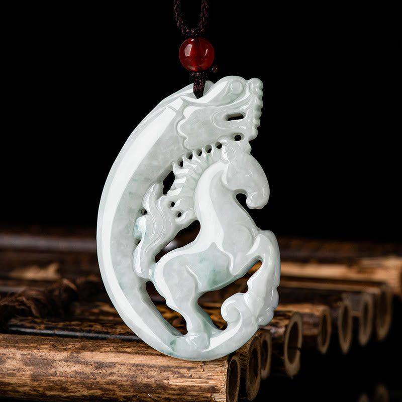 Hand-Carved Natural Jade Dragon and Horse Zodiac Rope Pendant Necklace
