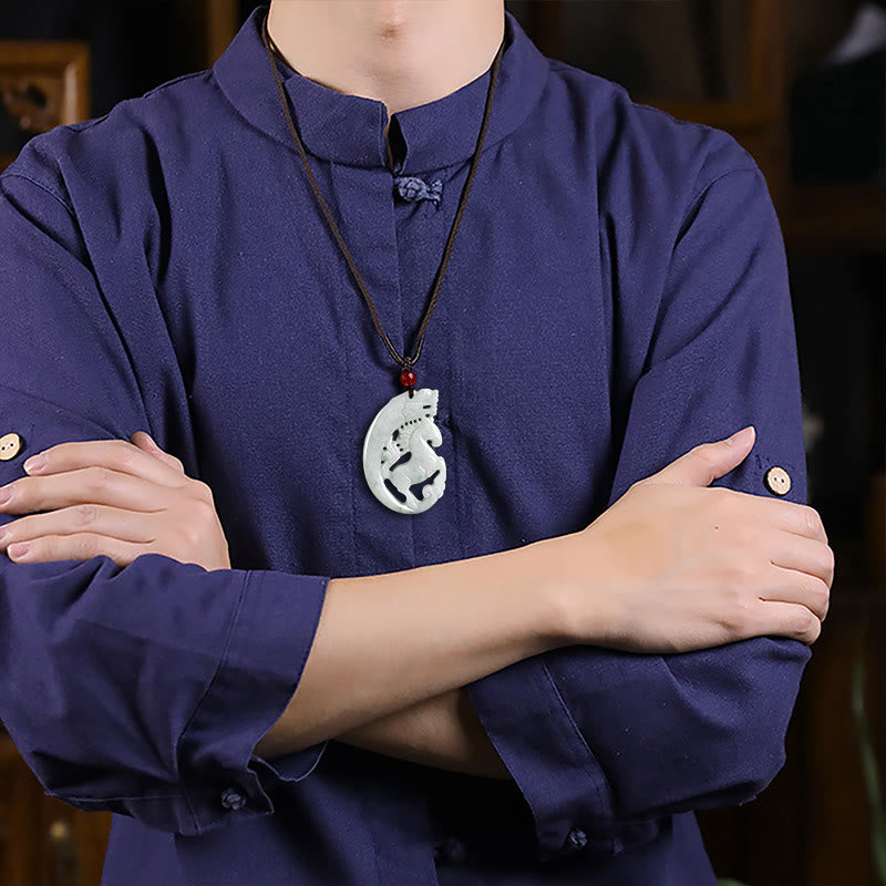 Hand-Carved Natural Jade Dragon and Horse Zodiac Rope Pendant Necklace