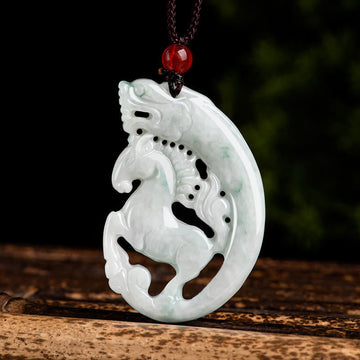 Hand-Carved Natural Jade Dragon and Horse Zodiac Rope Pendant Necklace