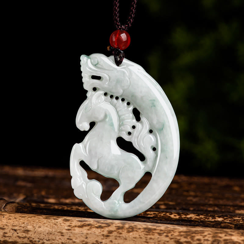 Hand-Carved Natural Jade Dragon and Horse Zodiac Rope Pendant Necklace