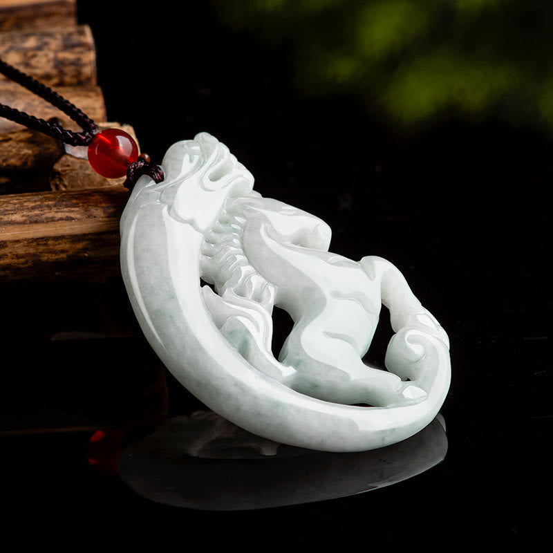 Hand-Carved Natural Jade Dragon and Horse Zodiac Rope Pendant Necklace