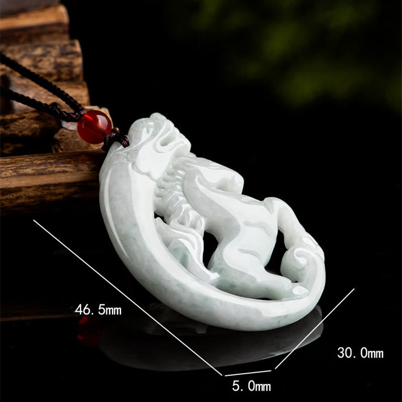 Hand-Carved Natural Jade Dragon and Horse Zodiac Rope Pendant Necklace