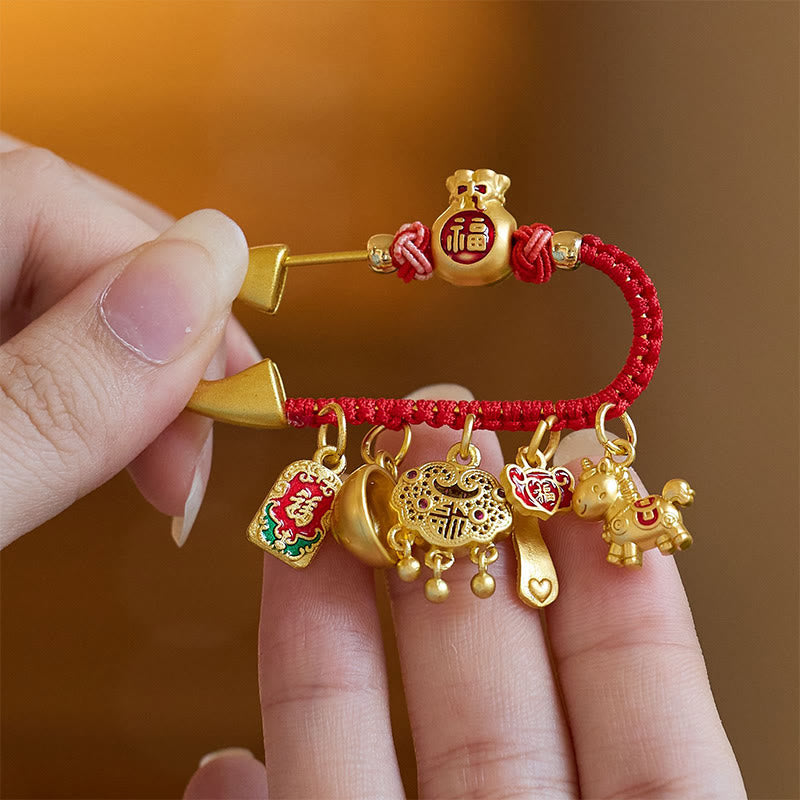 Year Of The Horse Charm Fu Character Attract Fortune Ruyi Handle Brass Luck Brooch