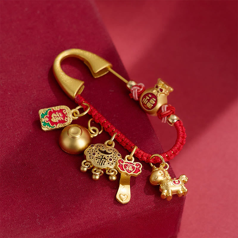 Year Of The Horse Charm Fu Character Attract Fortune Ruyi Handle Brass Luck Brooch