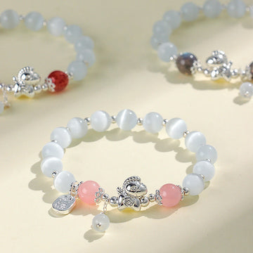 Natural Cat's Eye Gemstone Fu and Horse Symbol Beaded Bracelet