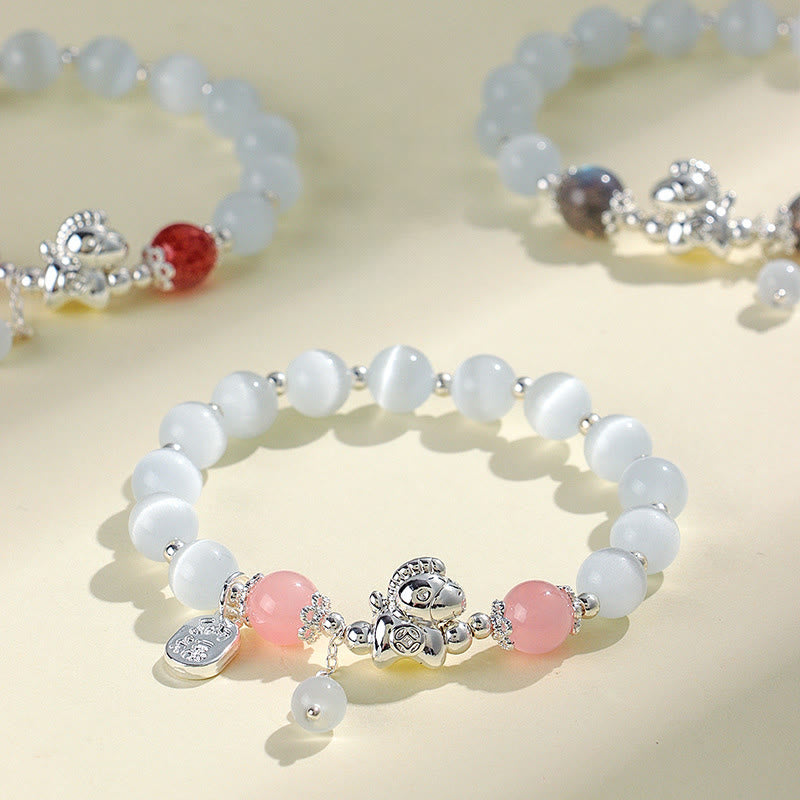 Natural Cat's Eye Gemstone Fu and Horse Symbol Beaded Bracelet