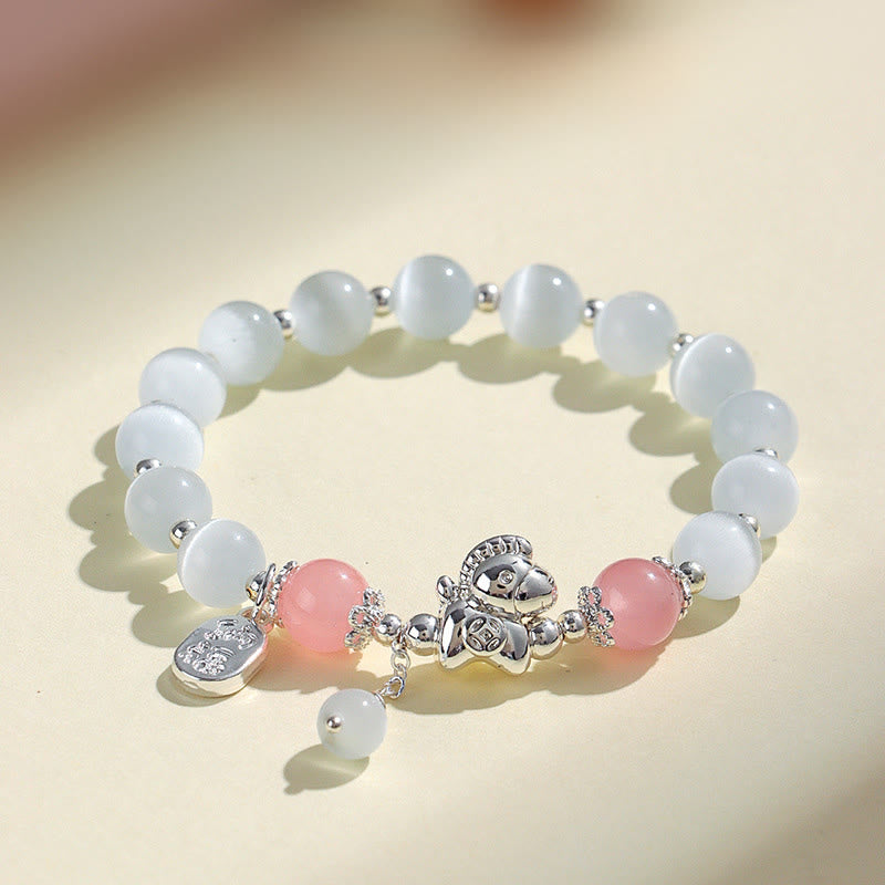 Natural Cat's Eye Gemstone Fu and Horse Symbol Beaded Bracelet