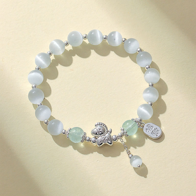 Natural Cat's Eye Gemstone Fu and Horse Symbol Beaded Bracelet