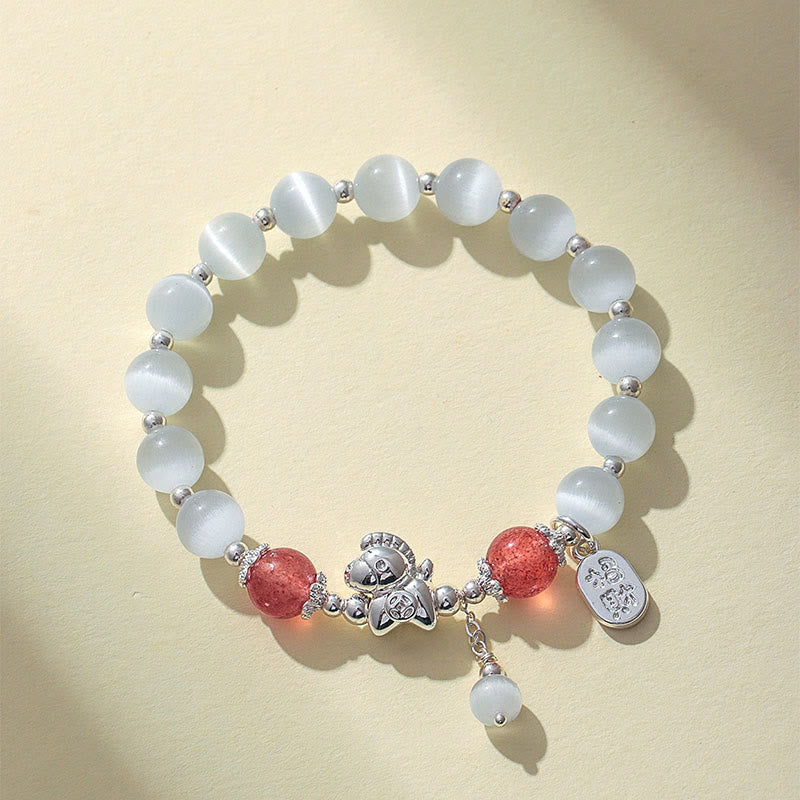 Natural Cat's Eye Gemstone Fu and Horse Symbol Beaded Bracelet
