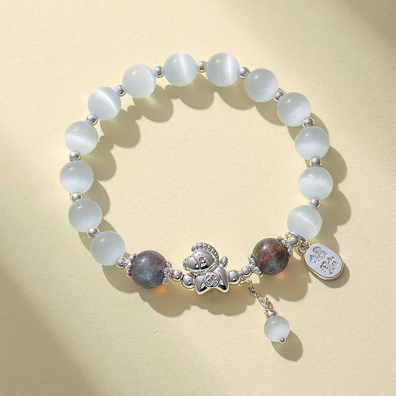Natural Cat's Eye Gemstone Fu and Horse Symbol Beaded Bracelet