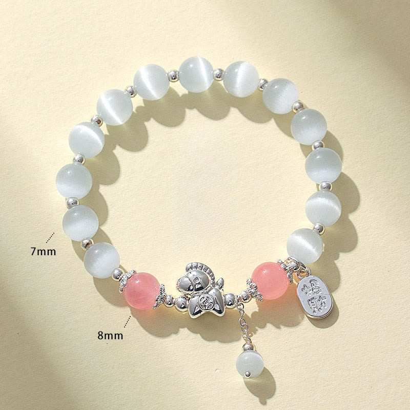 Natural Cat's Eye Gemstone Fu and Horse Symbol Beaded Bracelet